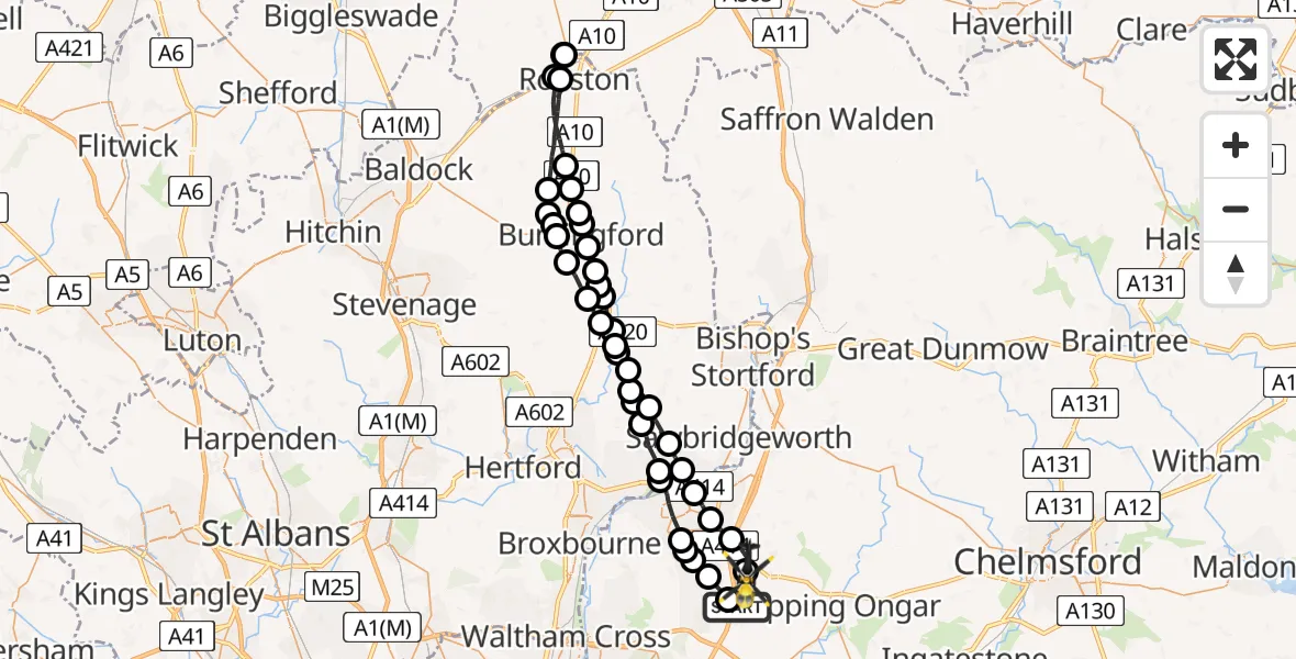 Flight route map: Police Helicopter to North Weald Airfield, North Weald Airfield