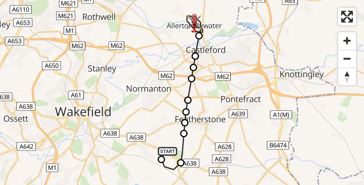 Flight route map: Air Ambulance Helicopter to Allerton Bywater, Goldcrest Road