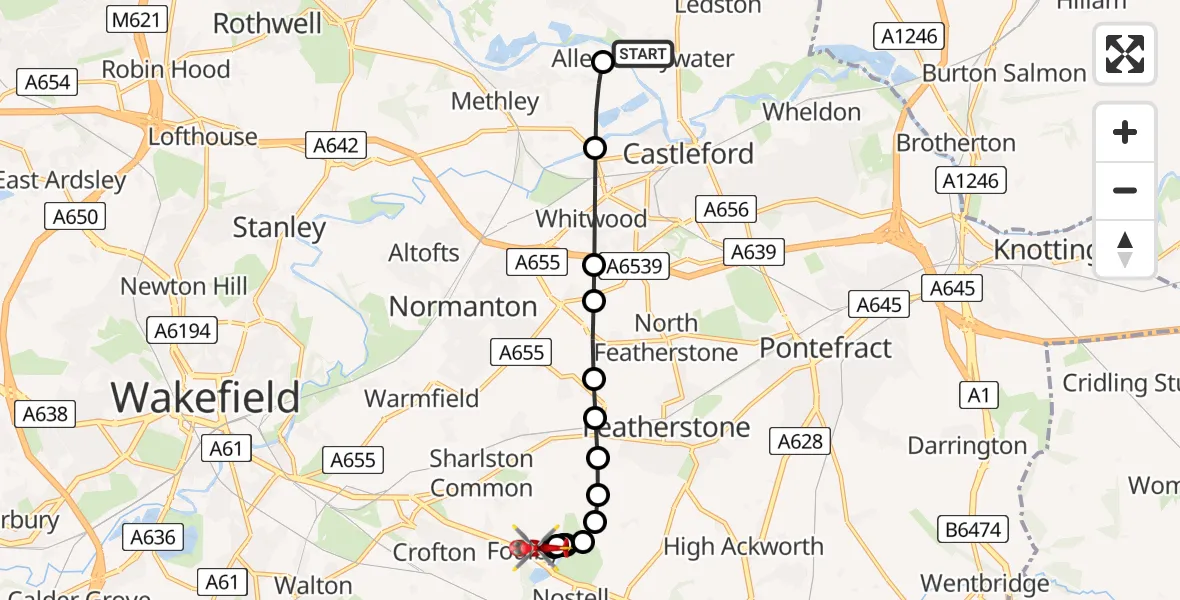 Routekaart van de vlucht: Air Ambulance Helicopter to YAA Nostell Helicopter Port, YAA Nostell Helicopter Port
