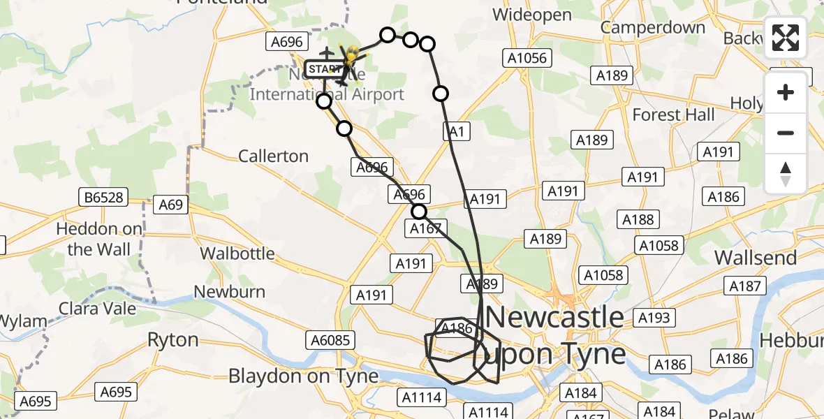 Flight route map: Police Helicopter to Newcastle International Airport, Newcastle International Airport