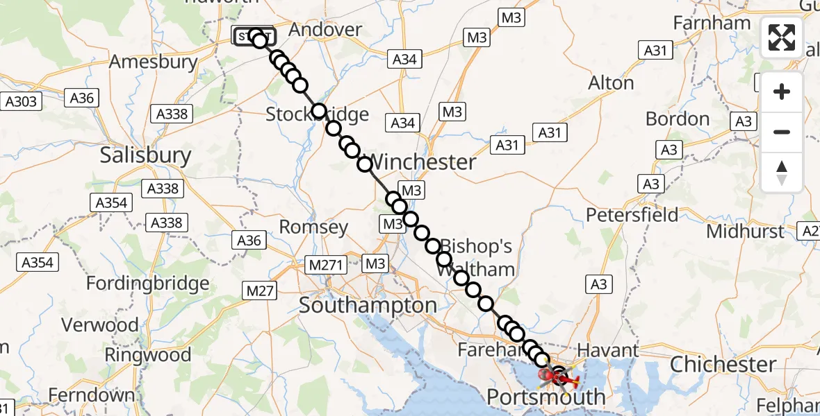 Flight route map: Air Ambulance Helicopter to Tipner, Portsmouth