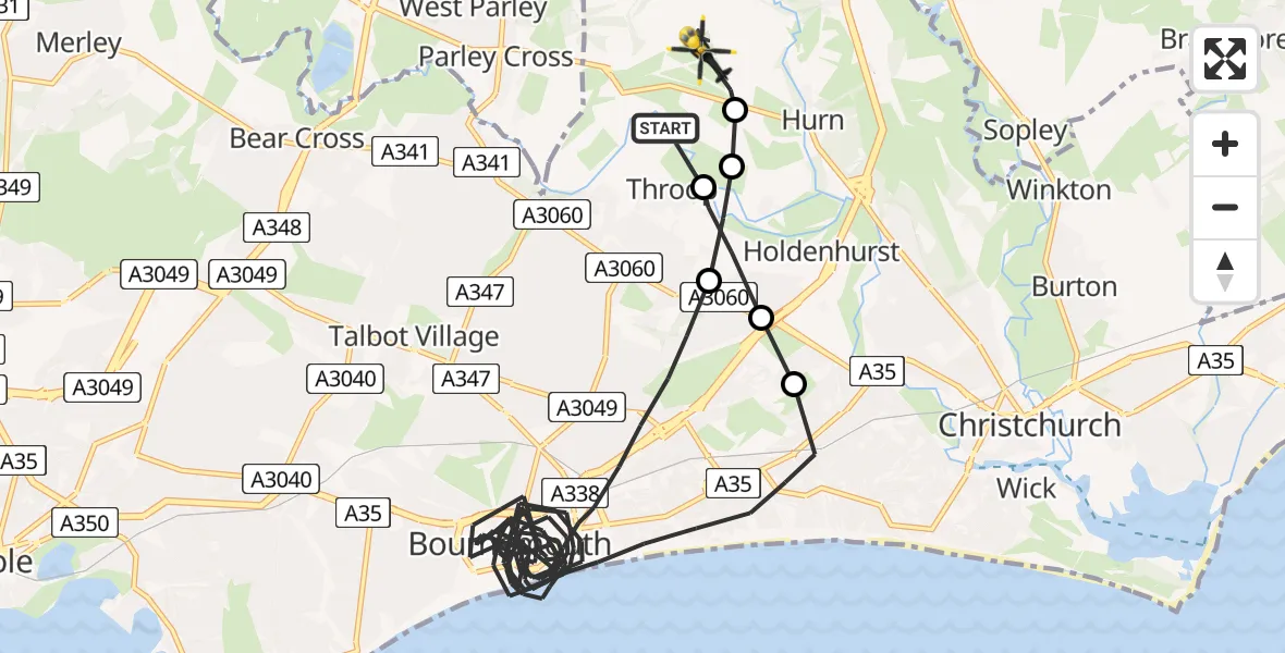Flight route map: Police Helicopter to Bournemouth Airport, Bournemouth Airport