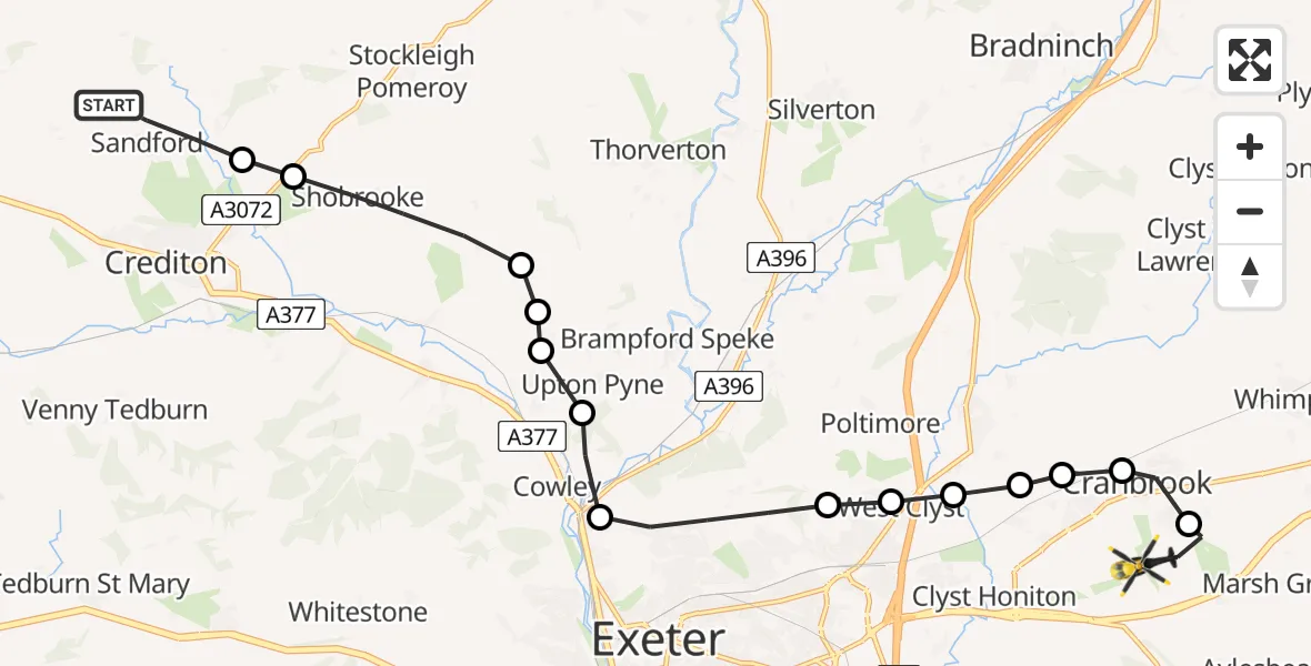 Flight route map: Police Helicopter to Rockbeare, Silver Lane