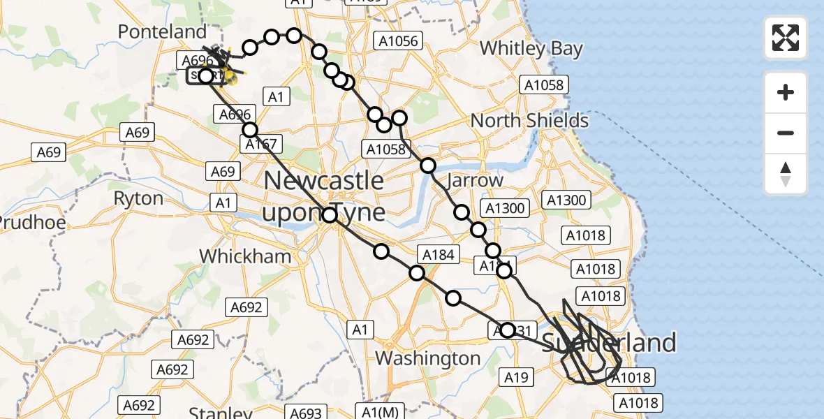 Flight route map: Police Helicopter to Newcastle International Airport, Newcastle International Airport