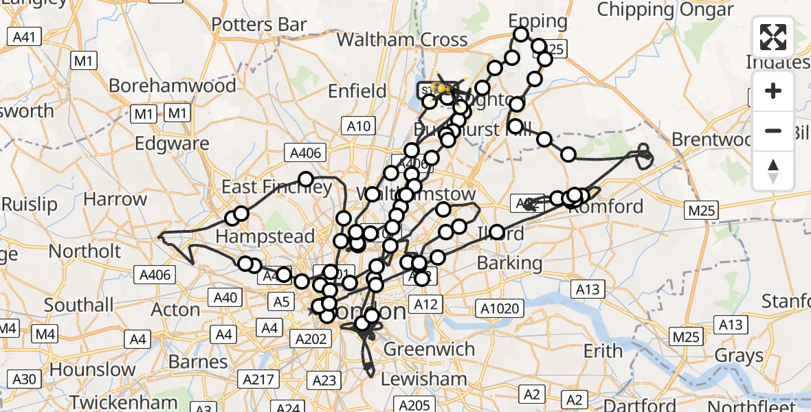 Flight route map: Police Helicopter to Sewardstonebury, Lippitts Hill