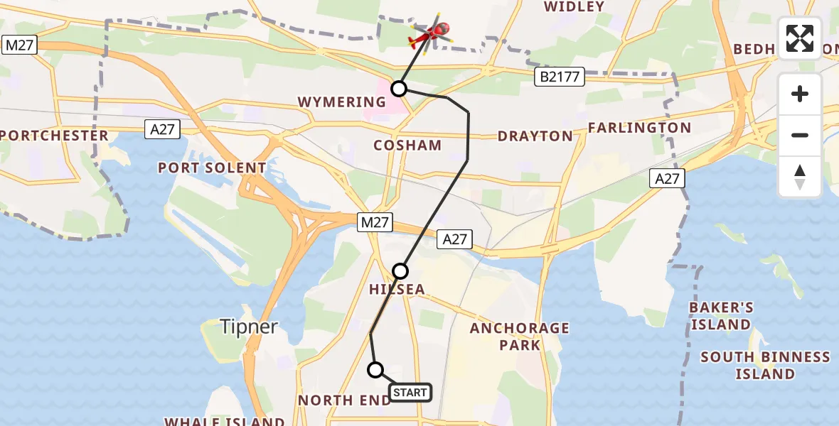 Flight route map: Air Ambulance Helicopter to Portsmouth, Widley Walk