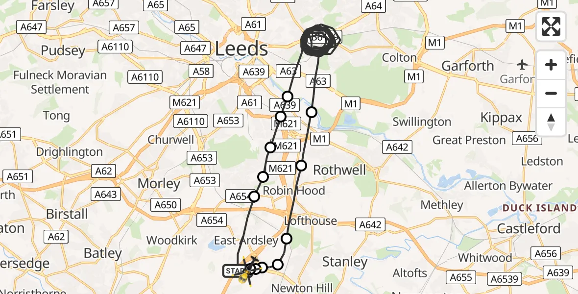 Flight path map showing Police Helicopter route from East Ardsley to East Ardsley