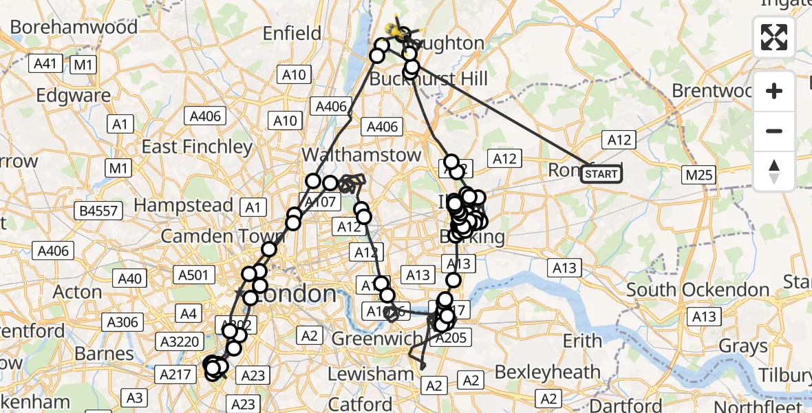Flight route map: Police Helicopter to Sewardstonebury, Hornbeam Lane