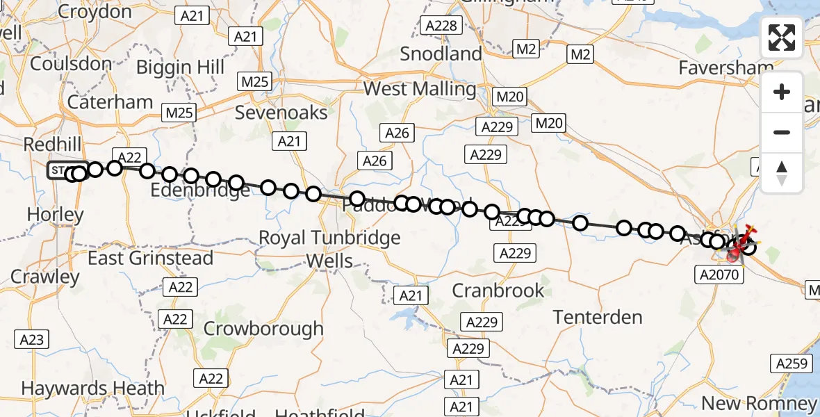 Flight route map: Air Ambulance Helicopter to Sevington, Kennington Road