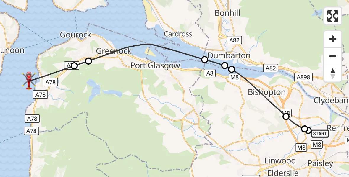 Flight route map: Air Ambulance Helicopter to Inner Seas, Inner Seas