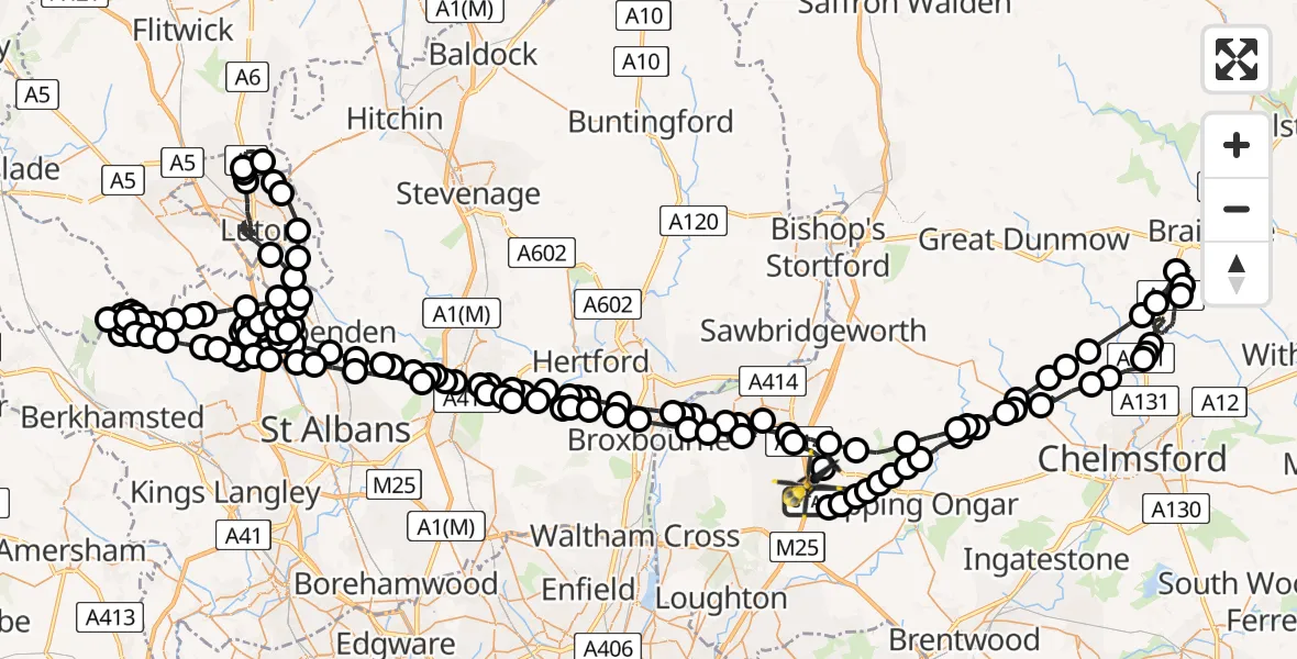 Flight route map: Police Helicopter to North Weald Airfield, North Weald Airfield