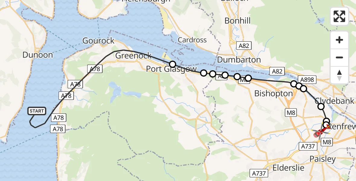 Flight route map: Air Ambulance Helicopter to Glasgow Airport, Glasgow Airport