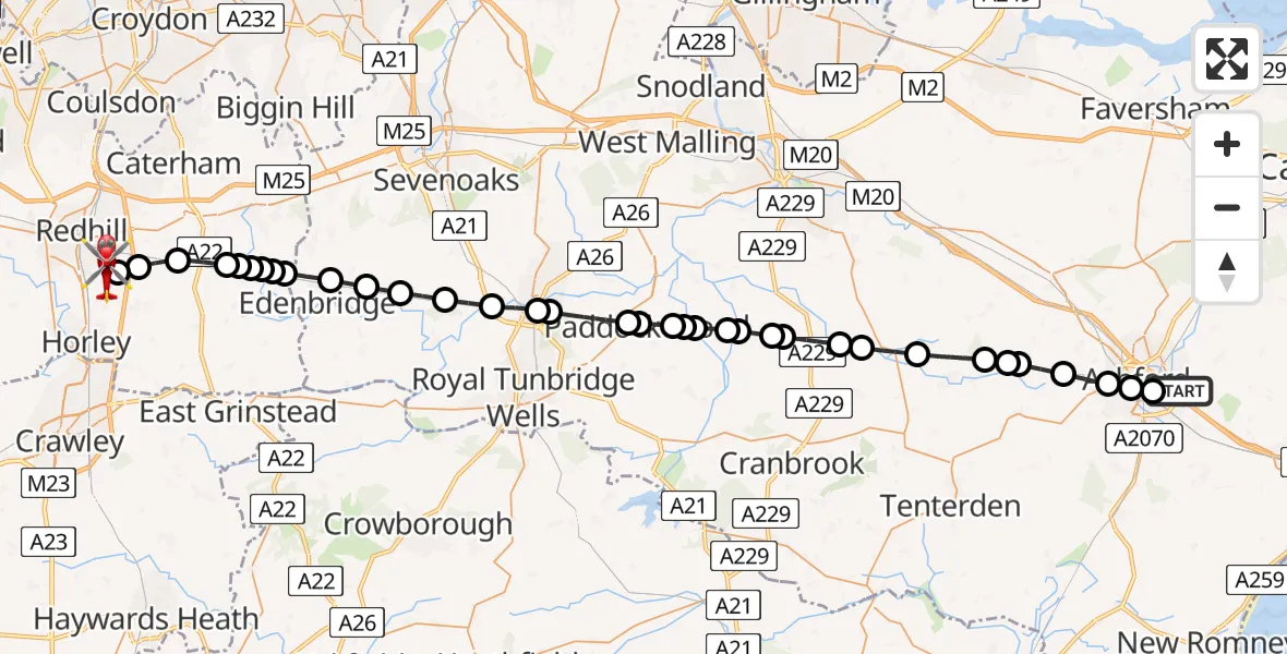 Flight route map: Air Ambulance Helicopter to Redhill Aerodrome, Redhill Aerodrome