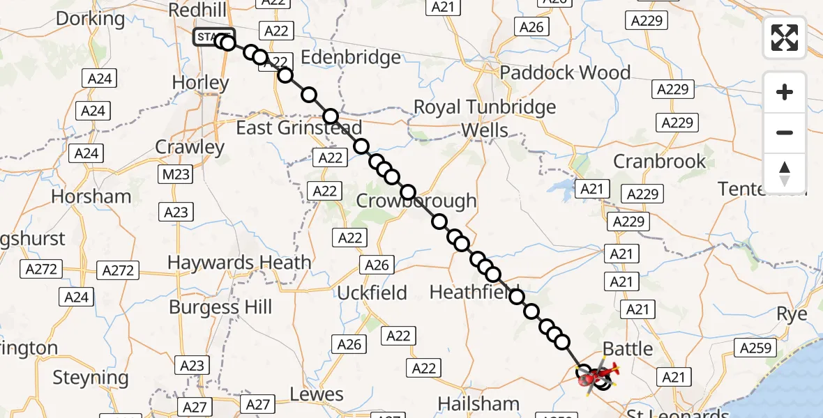 Flight route map: Air Ambulance Helicopter to Catsfield, Catsfield Road