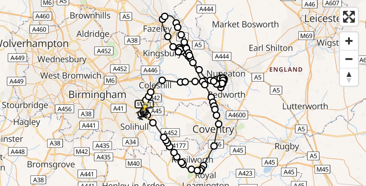 Flight route map: Police Helicopter to Birmingham, Coventry Road