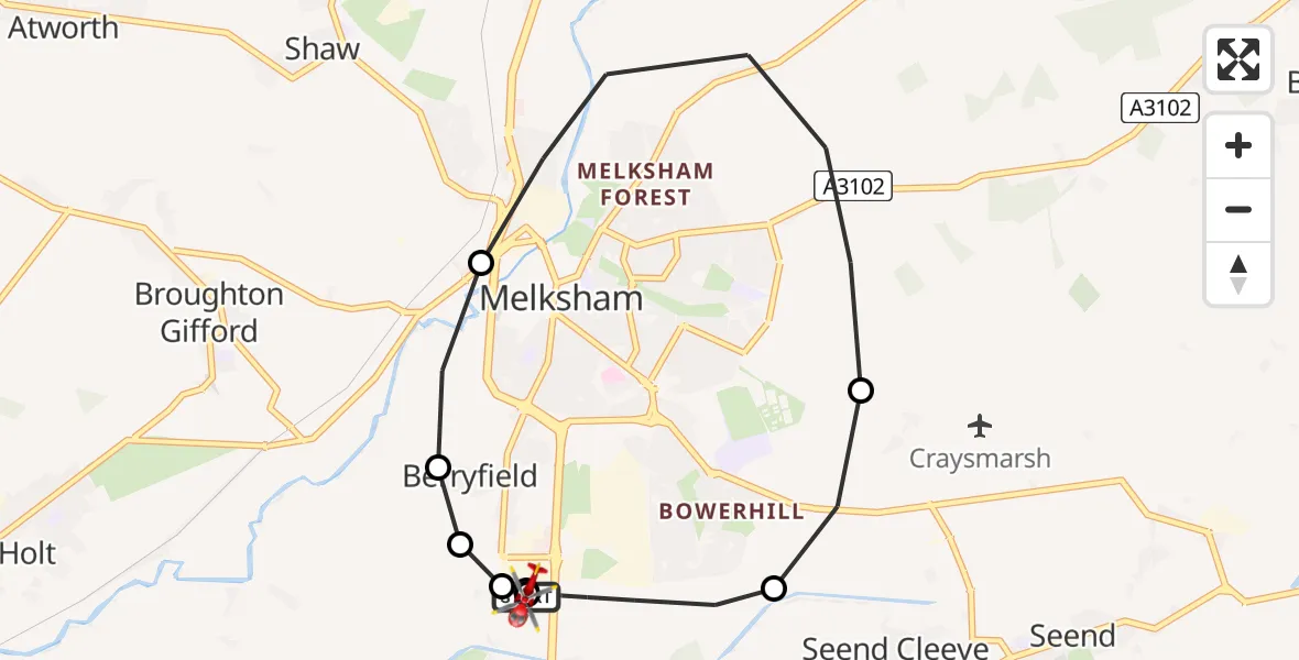 Flight path map showing Air Ambulance Helicopter route from Wiltshire Air Ambulance to Wiltshire Air Ambulance