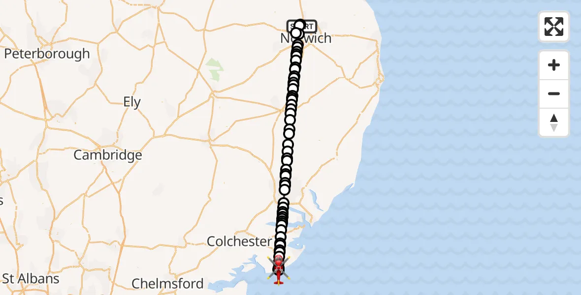 Flight route map: Air Ambulance Helicopter to Clacton Airfield, Clacton Airfield