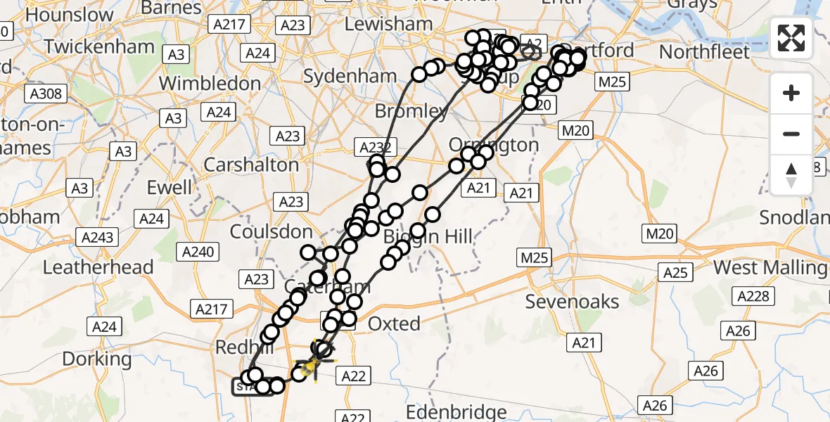 Routekaart van de vlucht: Police Helicopter to Bletchingley, Mitchener's Lane