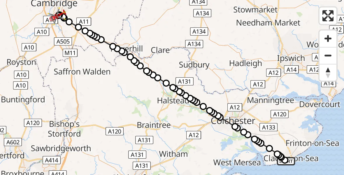 Routekaart van de vlucht: Air Ambulance Helicopter to Papworth Hospital, Papworth Hospital
