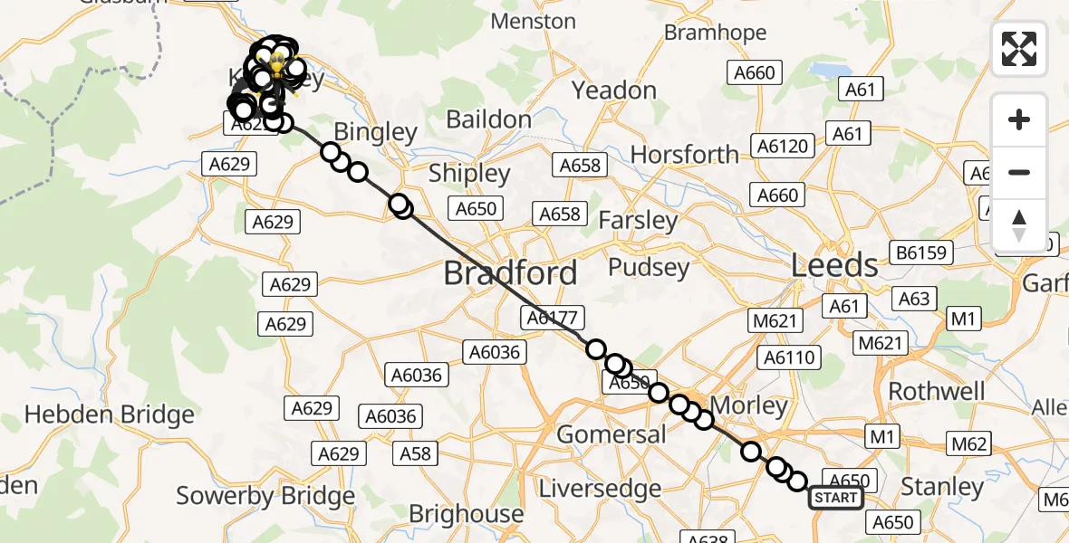 Flight route map: Police Helicopter to Long Lee, Low Mill Lane