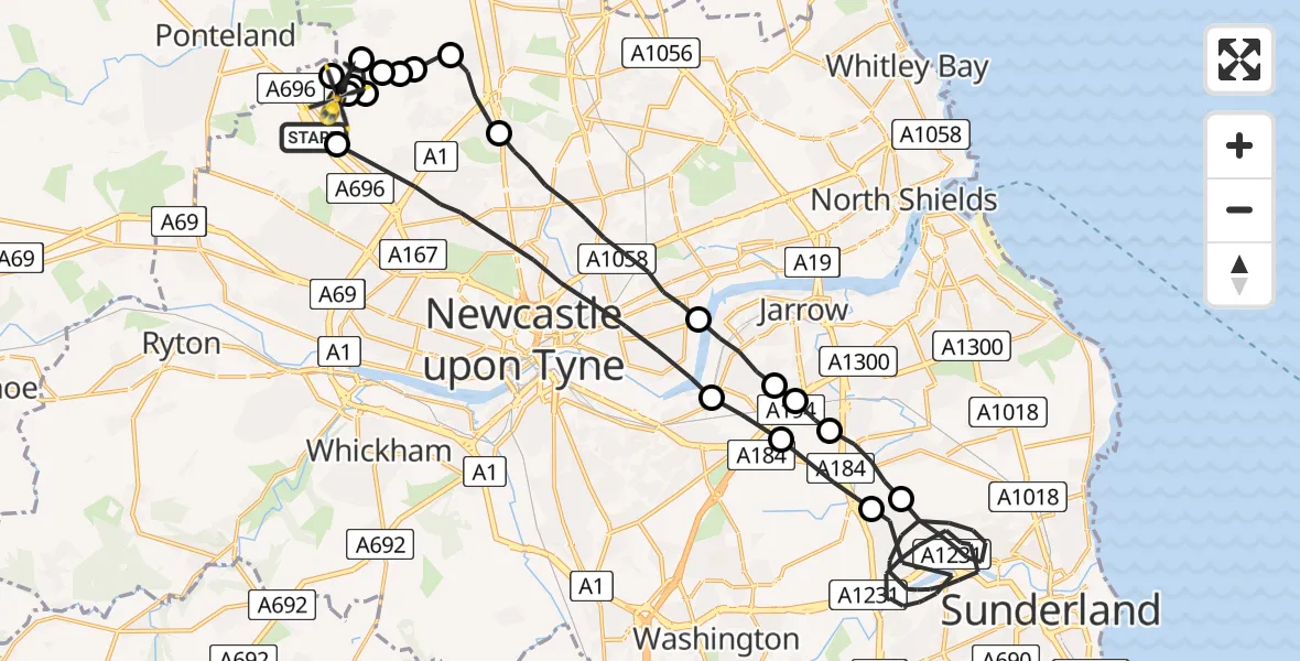 Flight route map: Police Helicopter to Newcastle International Airport, Newcastle International Airport