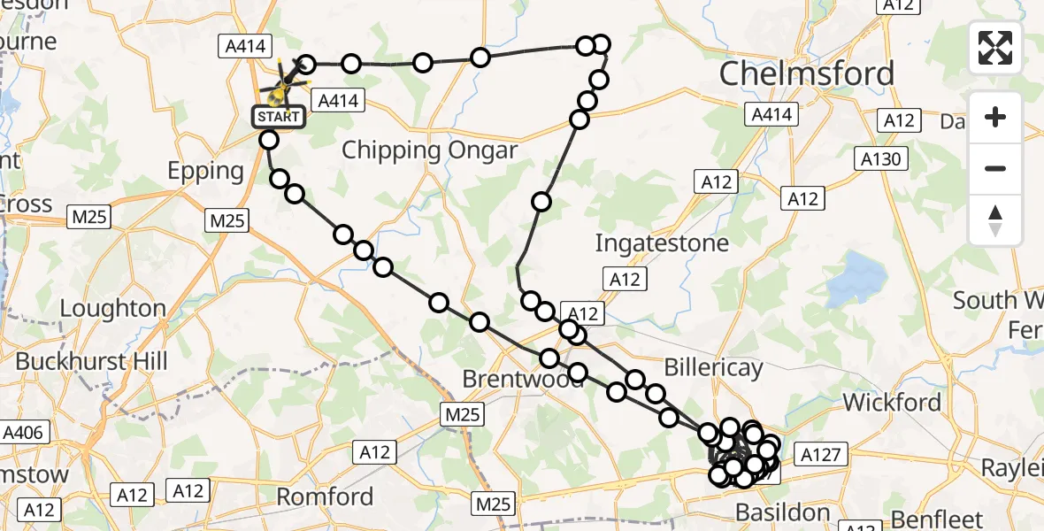 Flight route map: Police Helicopter to North Weald Bassett, Rayley Lane