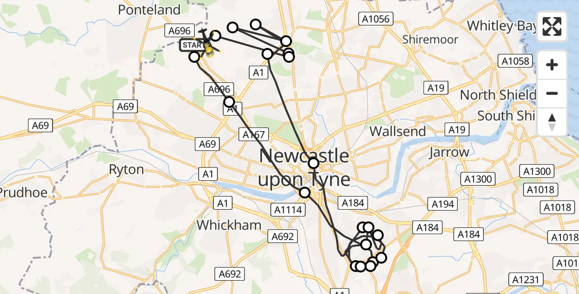 Flight route map: Police Helicopter to Newcastle International Airport, Newcastle International Airport