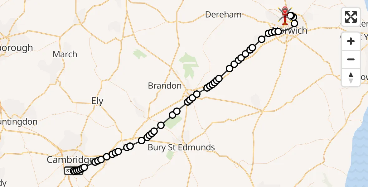 Flight route map: Air Ambulance Helicopter to Norwich Airport, Norwich Airport