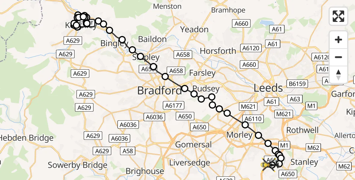 Routekaart van de vlucht: Police Helicopter to East Ardsley, Stoney Lane