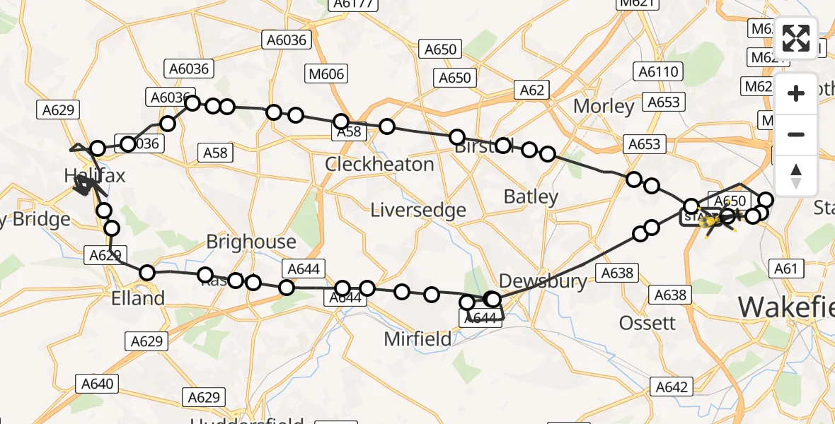 Flight path map showing Police Helicopter route from East Ardsley to East Ardsley