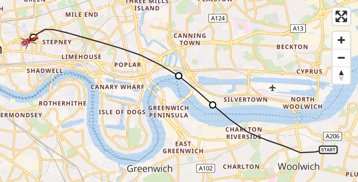 Flight route map: Air Ambulance Helicopter to Royal London Hospital, Royal London Hospital