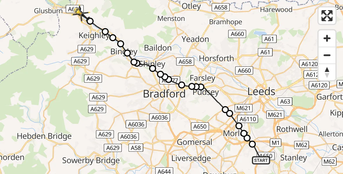 Routekaart van de vlucht: Police Helicopter to Steeton, Aire Valley Bypass