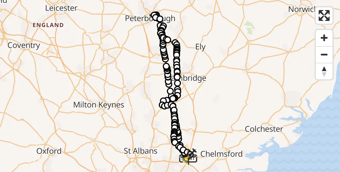 Flight route map: Police Helicopter to North Weald Bassett, Weald Hall Lane