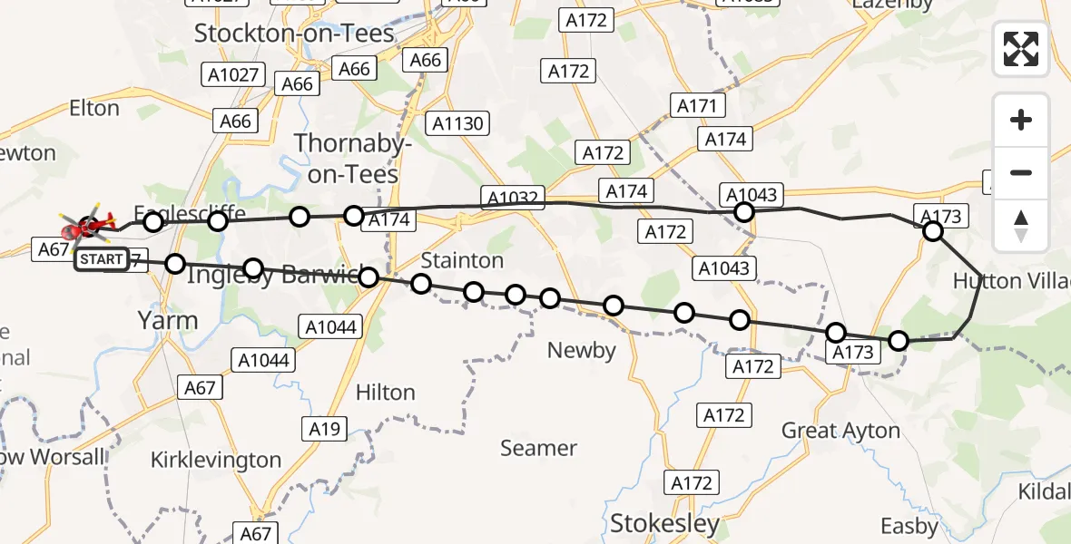 Flight route map: Air Ambulance Helicopter to Egglescliffe, Longnewton Lane