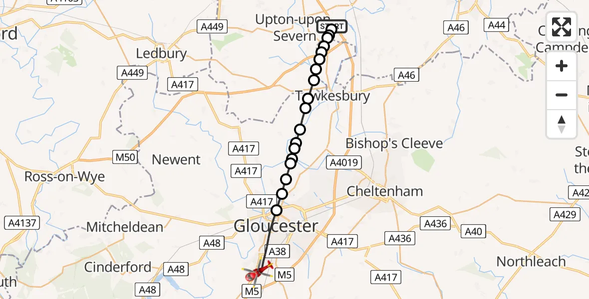 Flight route map: Air Ambulance Helicopter to Gloucester, Valley Gardens
