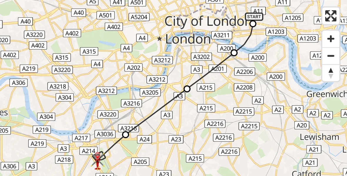 Flight route map: Air Ambulance Helicopter to London Borough of Wandsworth, Trinity Road