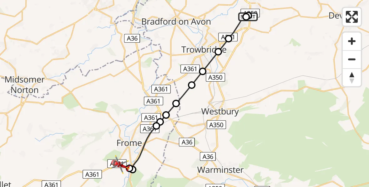 Flight route map: Air Ambulance Helicopter to Frome, Frome Bypass