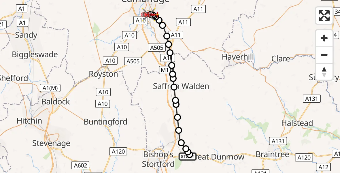 Routekaart van de vlucht: Air Ambulance Helicopter to Papworth Hospital, Papworth Hospital