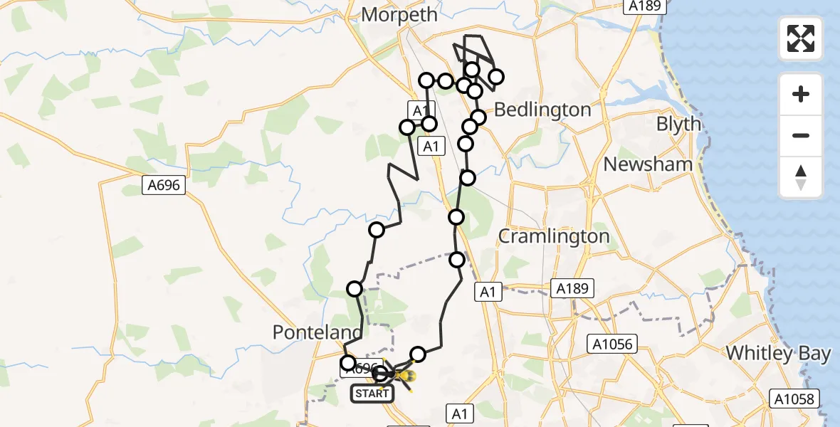 Routekaart van de vlucht: Police Helicopter to Newcastle International Airport, Newcastle International Airport