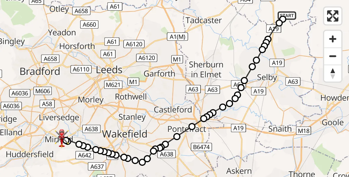 Routekaart van de vlucht: Air Ambulance Helicopter to Lower Hopton, Huddersfield Road