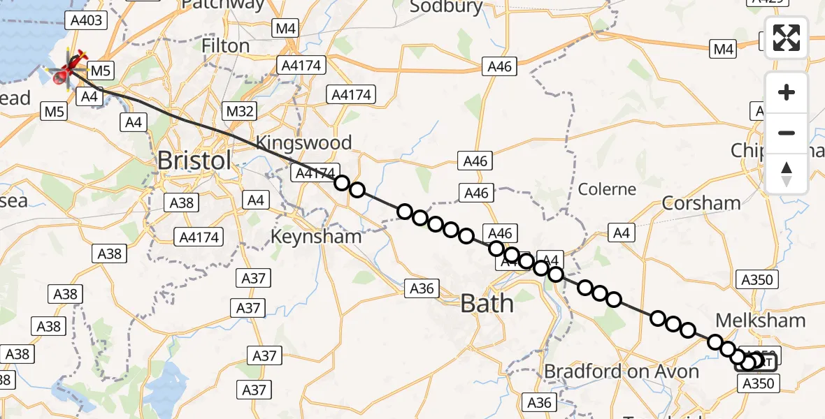 Flight route map: Air Ambulance Helicopter to Bristol, Saint Andrews Road