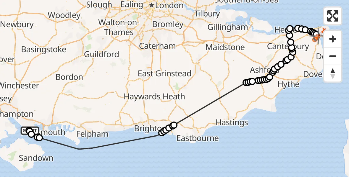 Flight route map: Coastguard Helicopter to Manston Airport, Manston Airport