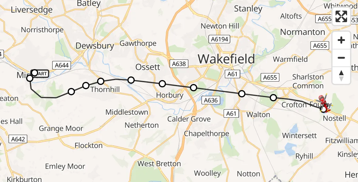 Routekaart van de vlucht: Air Ambulance Helicopter to YAA Nostell Helicopter Port, YAA Nostell Helicopter Port