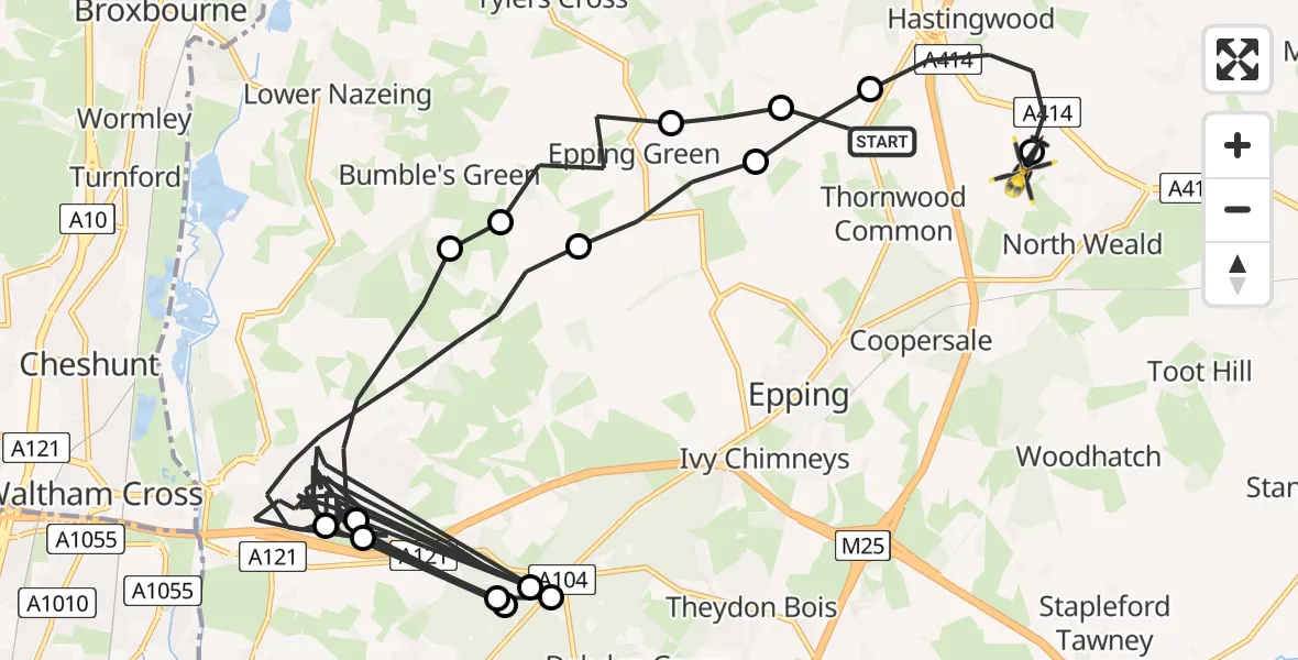Flight route map: Police Helicopter to North Weald Airfield, North Weald Airfield