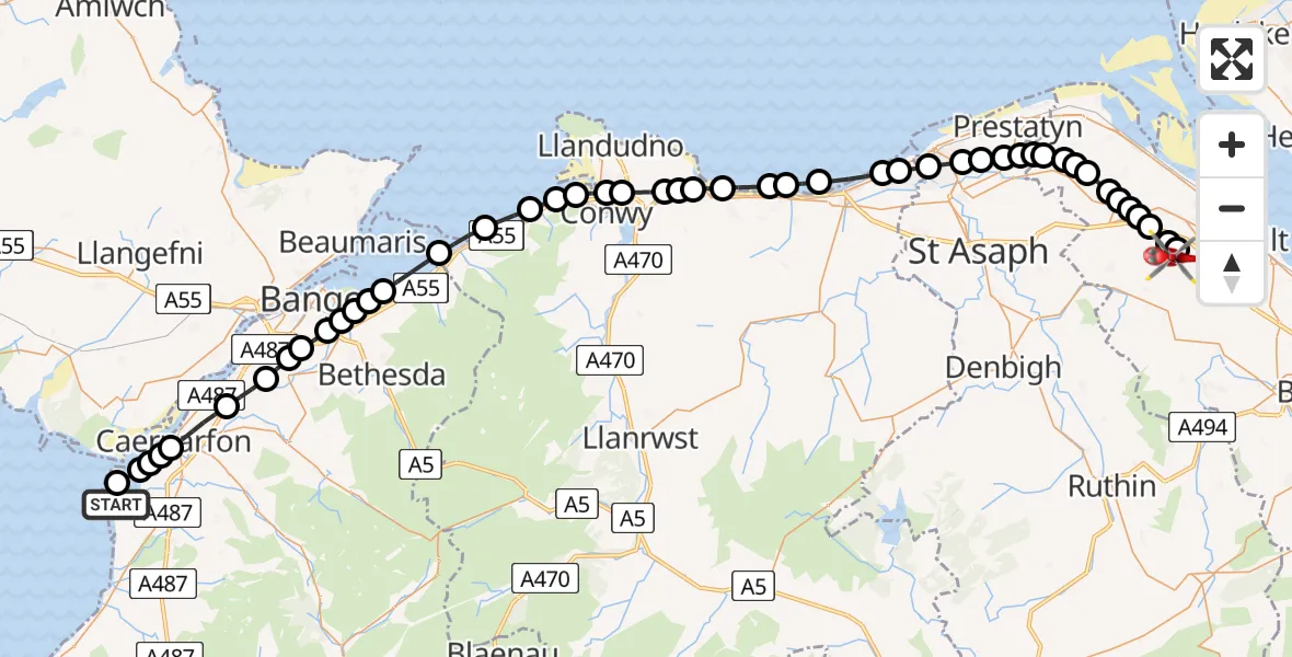 Flight route map: Air Ambulance Helicopter to Brynford, Allt Y Chwiler