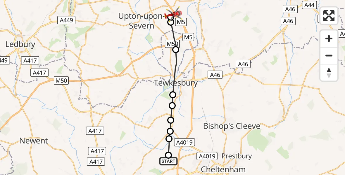 Flight route map: Air Ambulance Helicopter to Hill Croome, M5