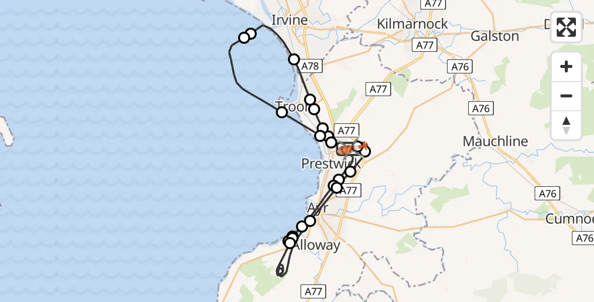 Flight route map: Coastguard Helicopter to Glasgow Prestwick Airport, Glasgow Prestwick Airport