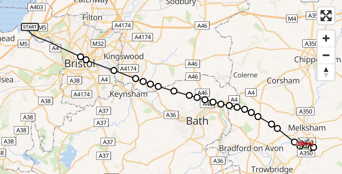 Flight route map: Air Ambulance Helicopter to Melksham, Commerce Way