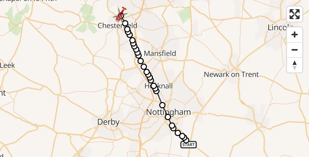 Flight route map: Air Ambulance Helicopter to Chesterfield, Durham Close