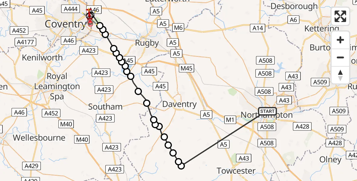 Flight route map: Air Ambulance Helicopter to University Hospital Coventry, University Hospital Coventry